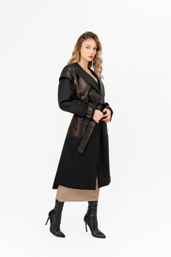 Черный текстильный плащ с кожаными вставками Corgio Rotti